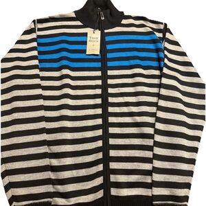 TRUE ROCK Men's Black, Gray, and Blue Striped Zip-Up Sweater